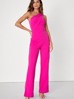 Lulus Devoted To Fun Hot Pink One-shoulder Sleeveless Jumpsuit - Size M